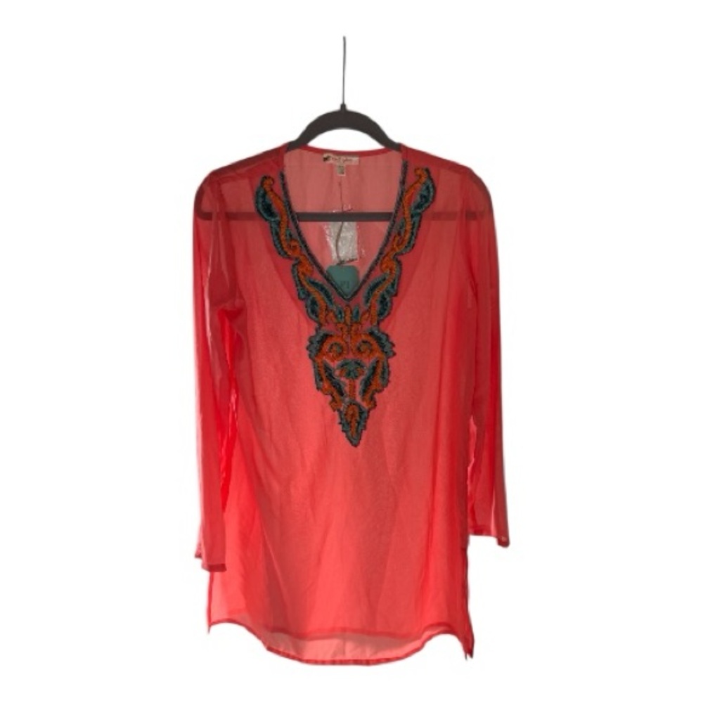 Rise & Bloom Coral Beaded Embroidered Sheer Swim Cover Up M NWT